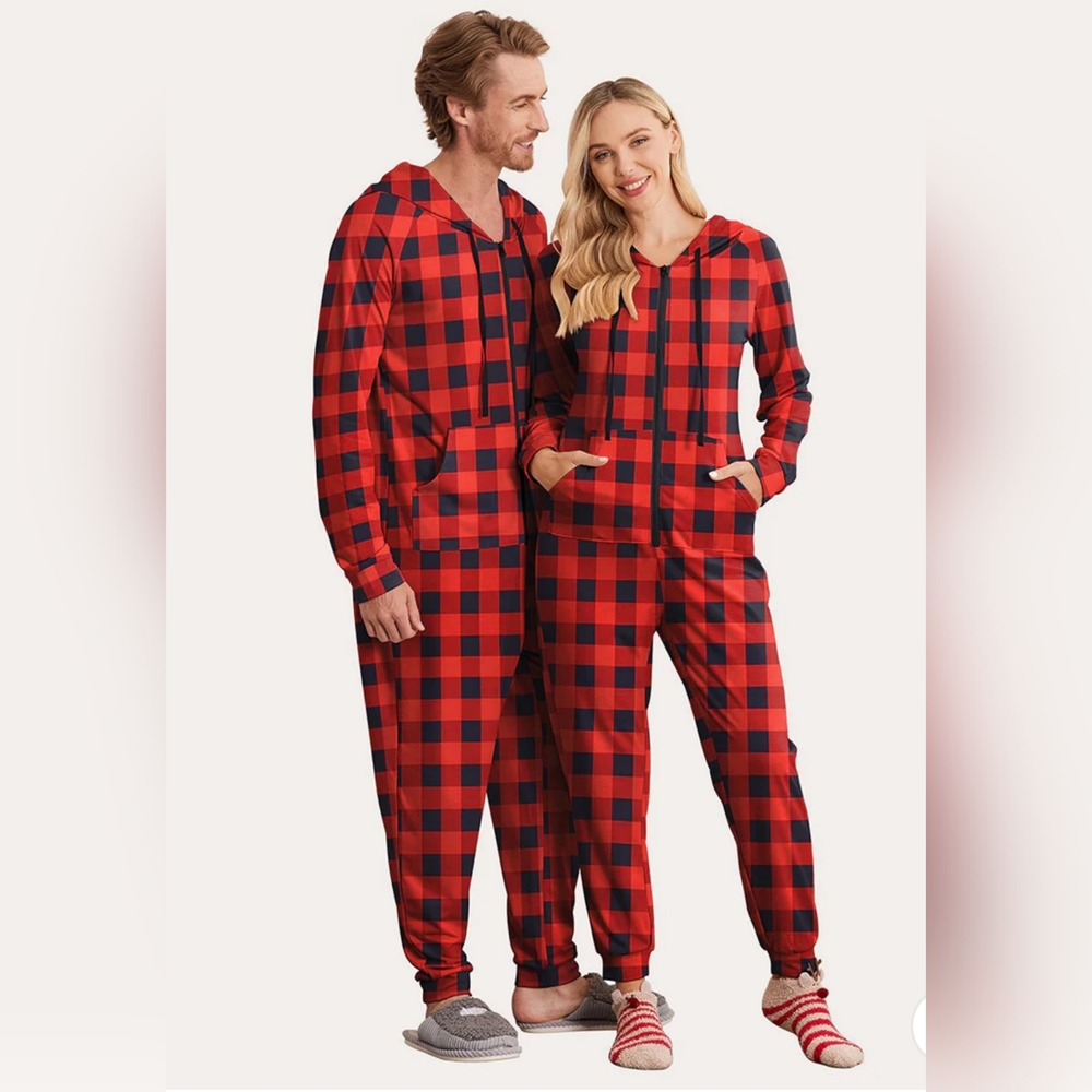 🏷Ekouaer NWOT Checkered Hooded Onesie Pajama - Women's L